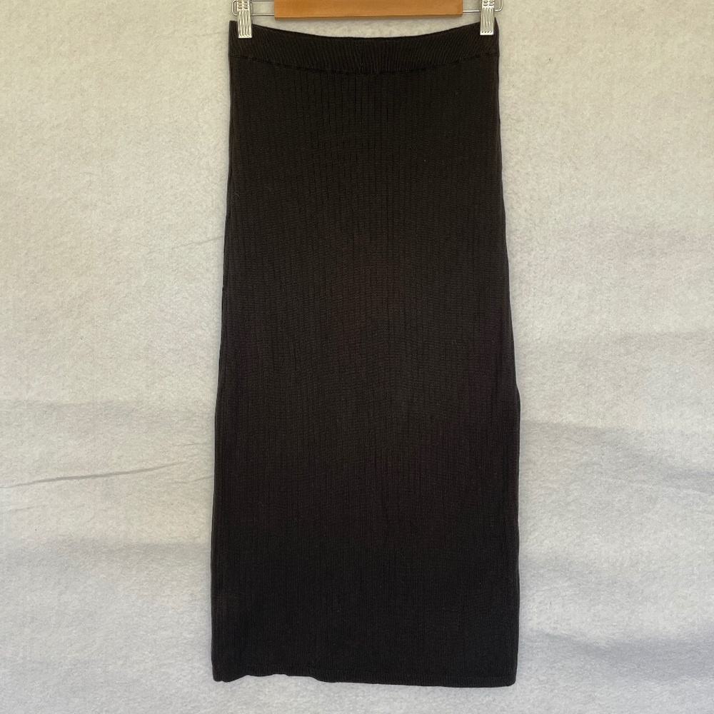 Free People Skyline Midi Skirt Ribbed Elastic Waist Front Slit Stretch Size M